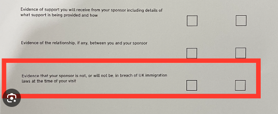Evidence that your sponsor is not, or will not be, in breach of UK Immigration Laws at the time of your visit